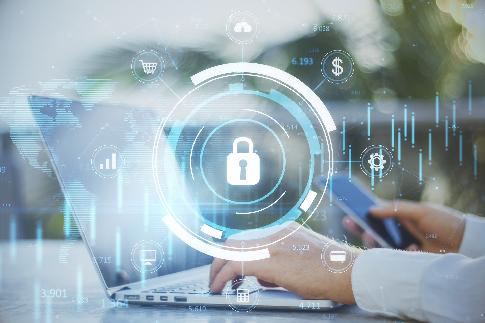 Close up of businessman hand using laptop keyboard and smartphone with glowing blue padlock hologram with forex chart and map on blurry outdoor background, Secure and online safety concept. Double exposure.